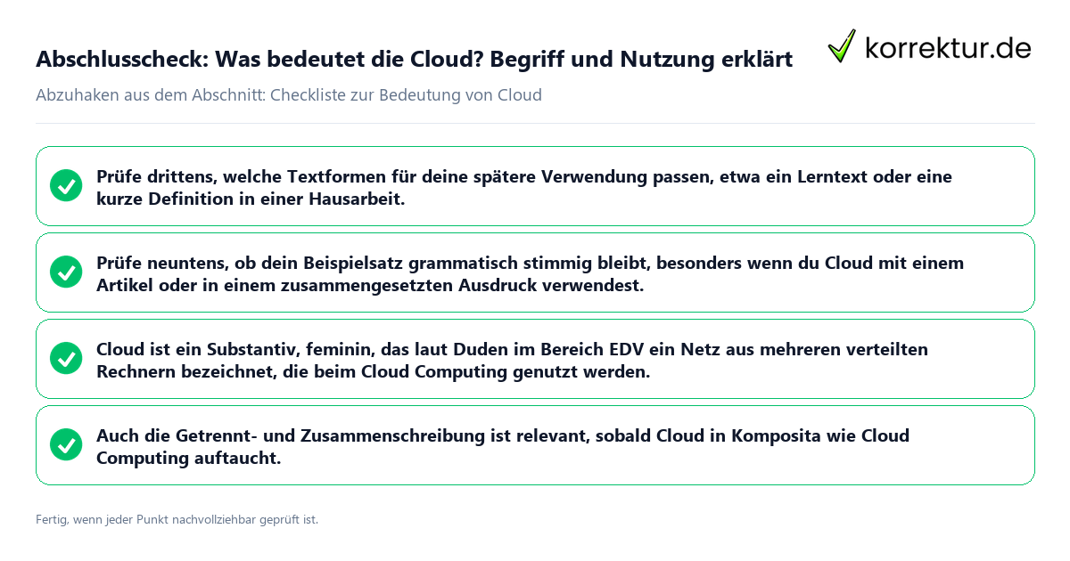 Konkreter Abschlusscheck zu Was bedeutet die Cloud? Begriff und Nutzung erklärt