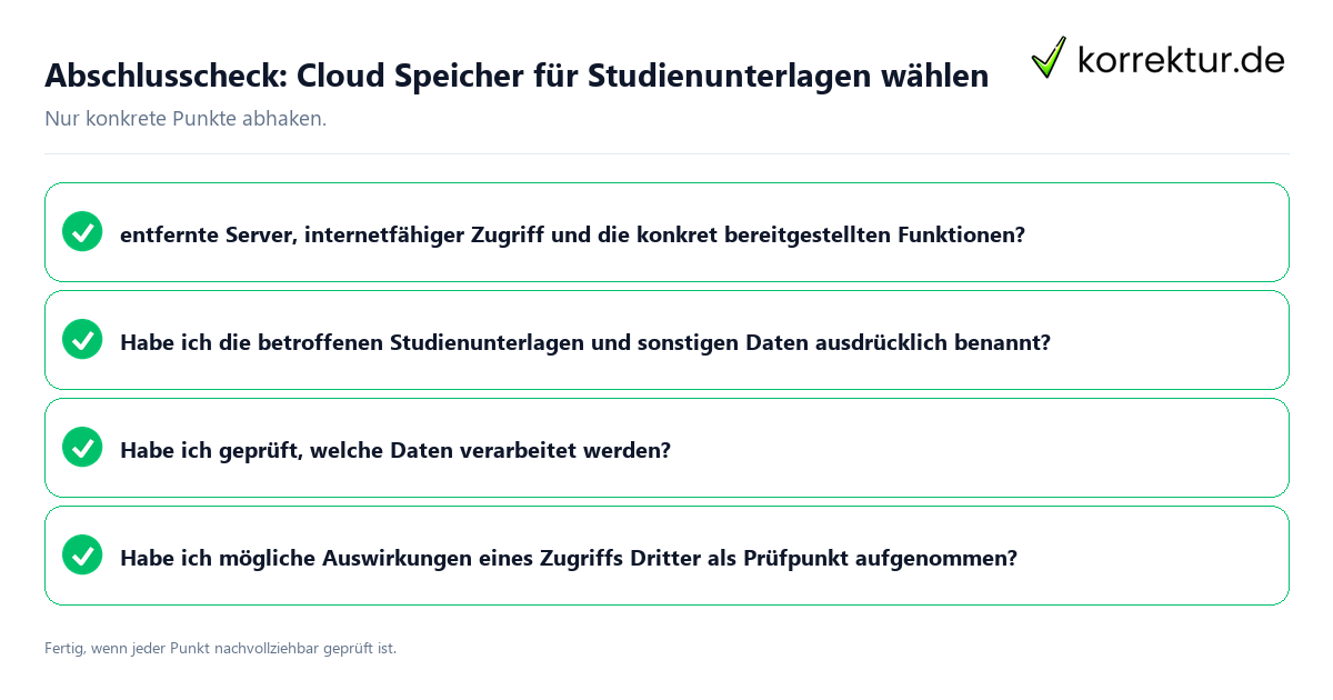 Abschlusscheck: Cloud Speicher für Studienunterlagen wählen Konkreter Abschlusscheck zu Cloud Speicher für Studienunterlagen wählen