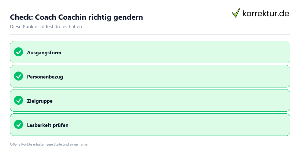 Coach Coachin richtig gendern mit Checkliste für Unterlagen und nächste Schritte