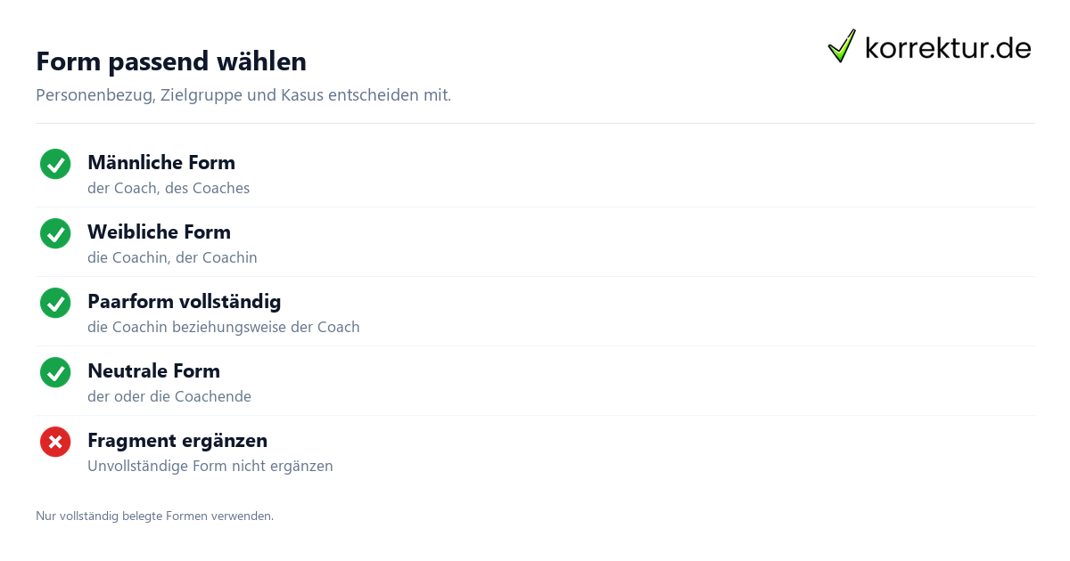 Form passend wählen Coach und Coachin passend gendern, Formen nach Satzkontext prüfen