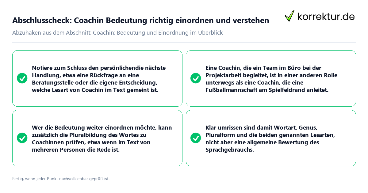 Konkreter Abschlusscheck zu Coachin Bedeutung richtig einordnen und verstehen