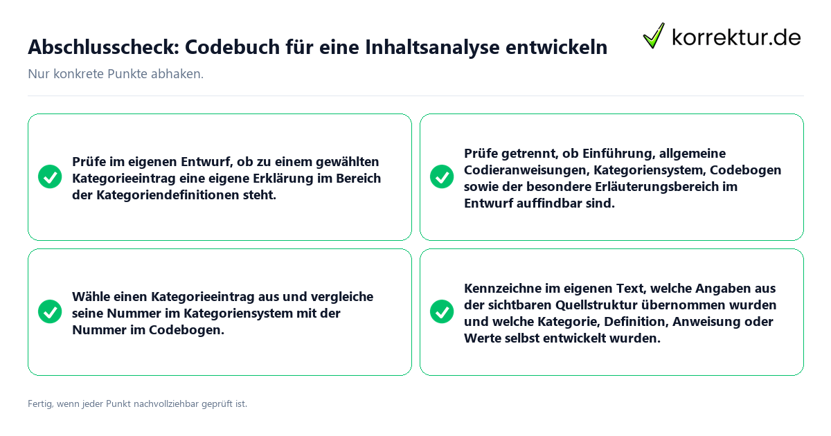 Konkreter Abschlusscheck zu Codebuch für eine Inhaltsanalyse entwickeln