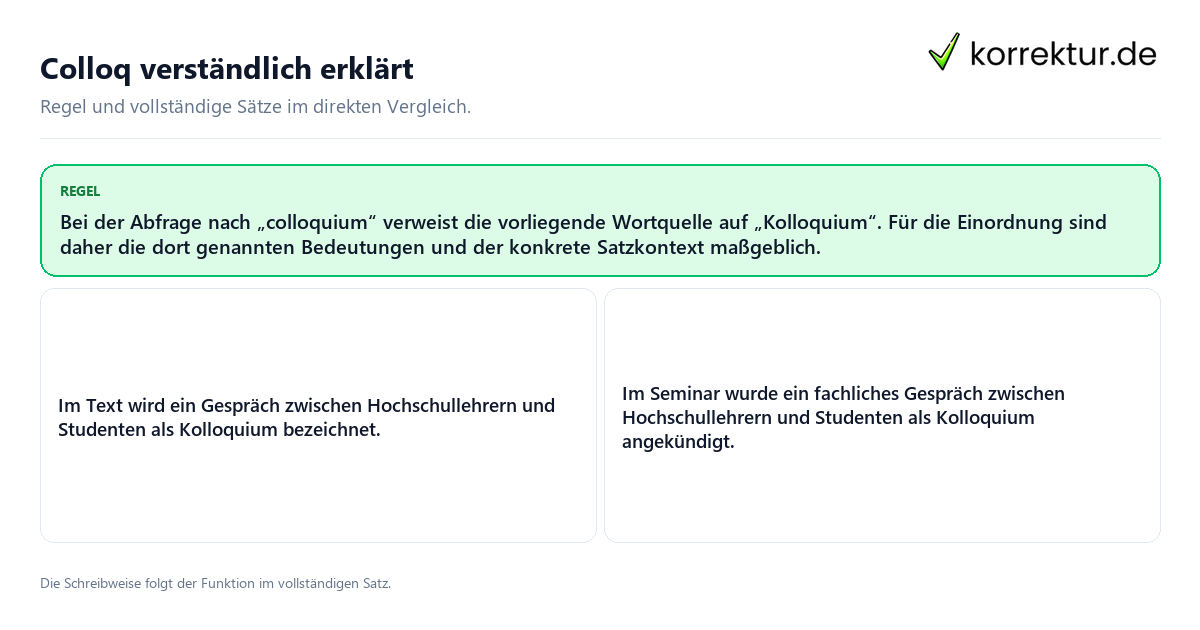 Konkrete Regel und vollständige Beispielsätze zu Colloq verständlich erklärt