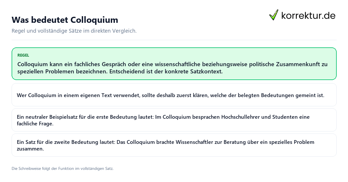 Konkrete Regel und vollständige Beispielsätze zu Was bedeutet Colloquium