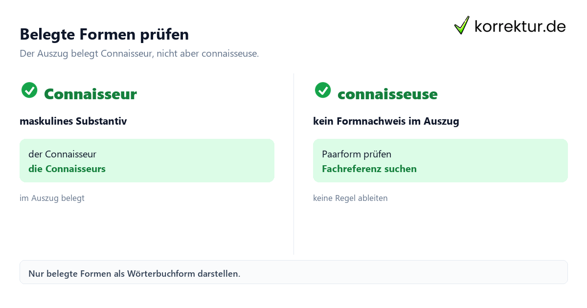 Belegte Formen prüfen Connaisseur und Connaisseuse richtig einordnen: belegte Formen im Vergleich