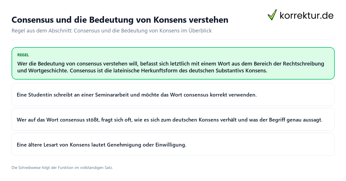 Konkrete Regel und vollständige Beispielsätze zu Consensus und die Bedeutung von Konsens verstehen