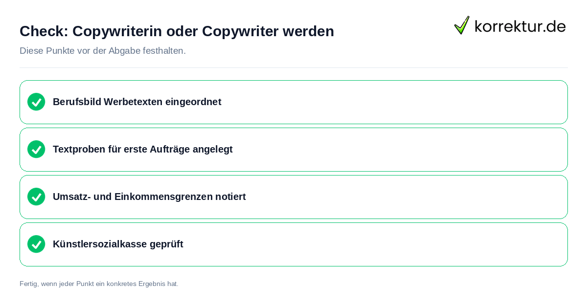 Check: Copywriterin oder Copywriter werden Copywriterin oder Copywriter werden: Prüfliste mit vier Punkten