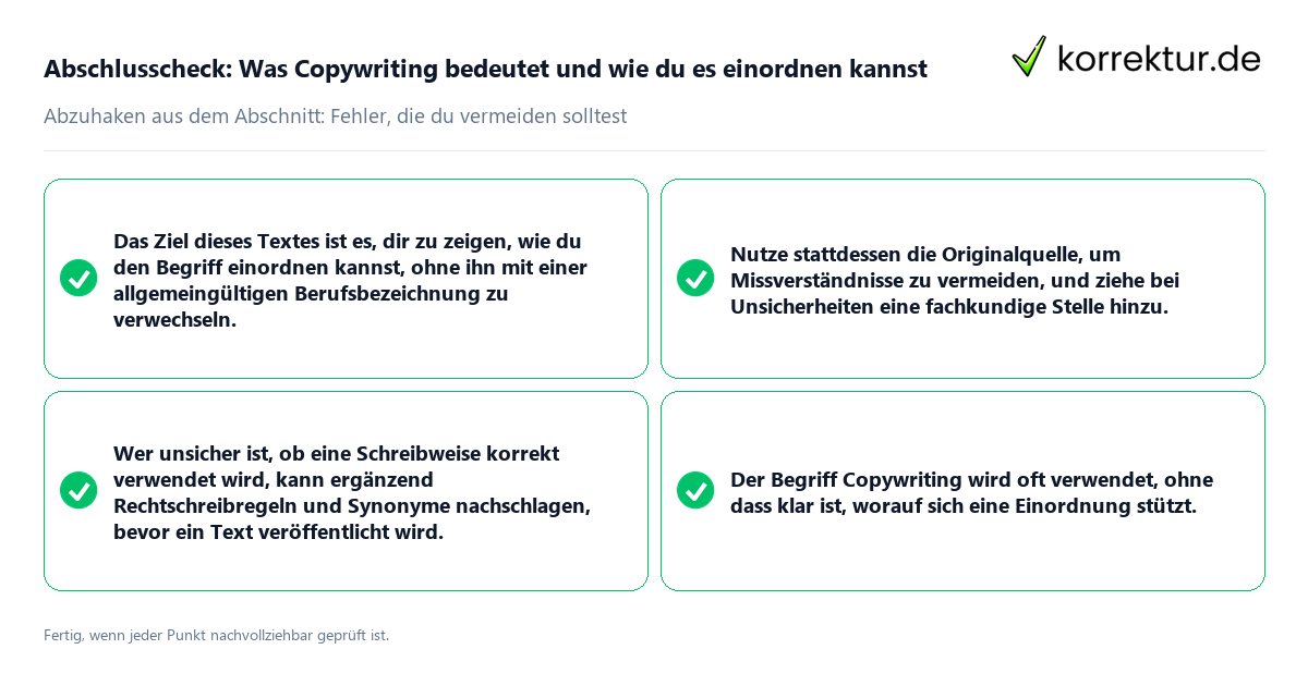 Konkreter Abschlusscheck zu Was Copywriting bedeutet und wie du es einordnen kannst