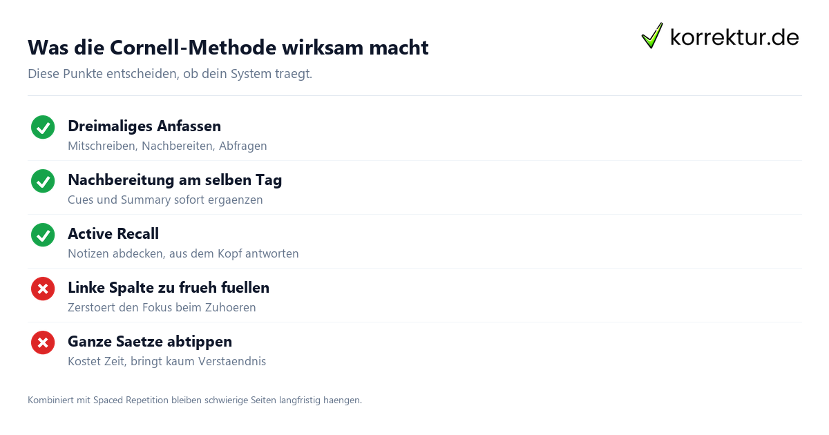 Was die Cornell-Methode wirksam macht Cornell-Methode Erfolgsfaktoren Checkliste für wirksames Lernen