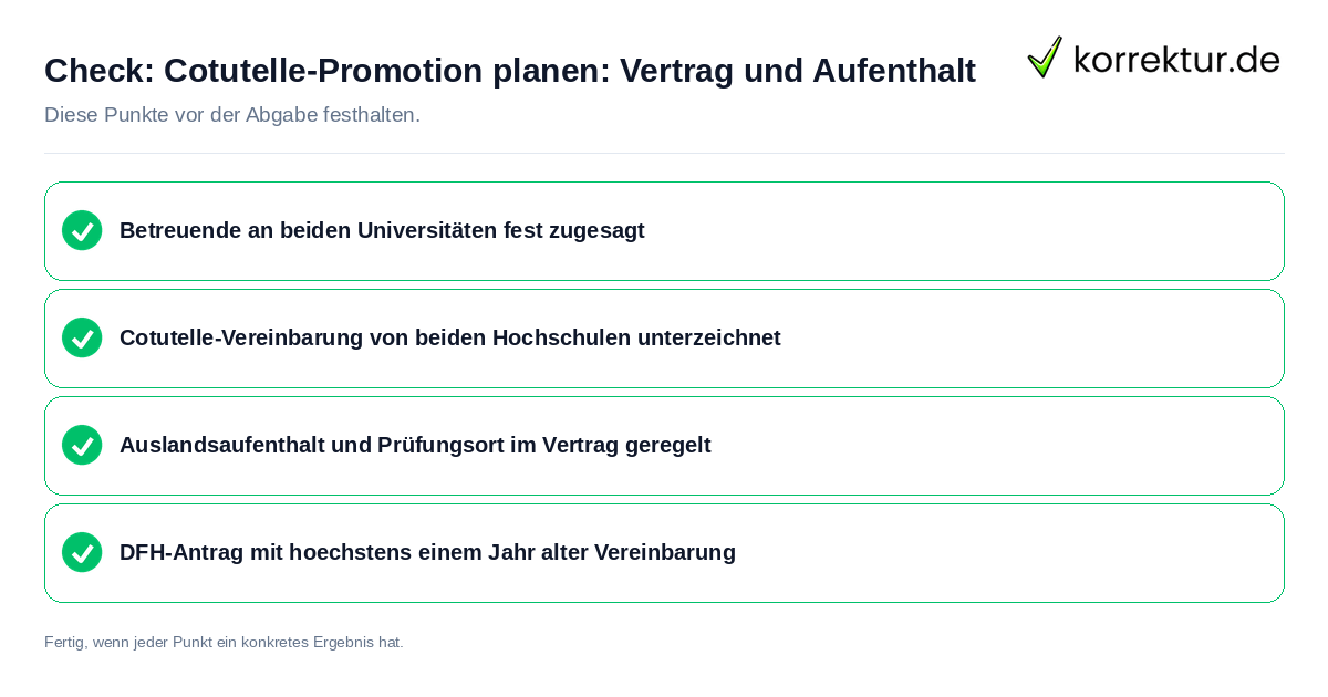 Cotutelle-Promotion planen: Vertrag und Aufenthalt: Prüfliste mit vier Punkten