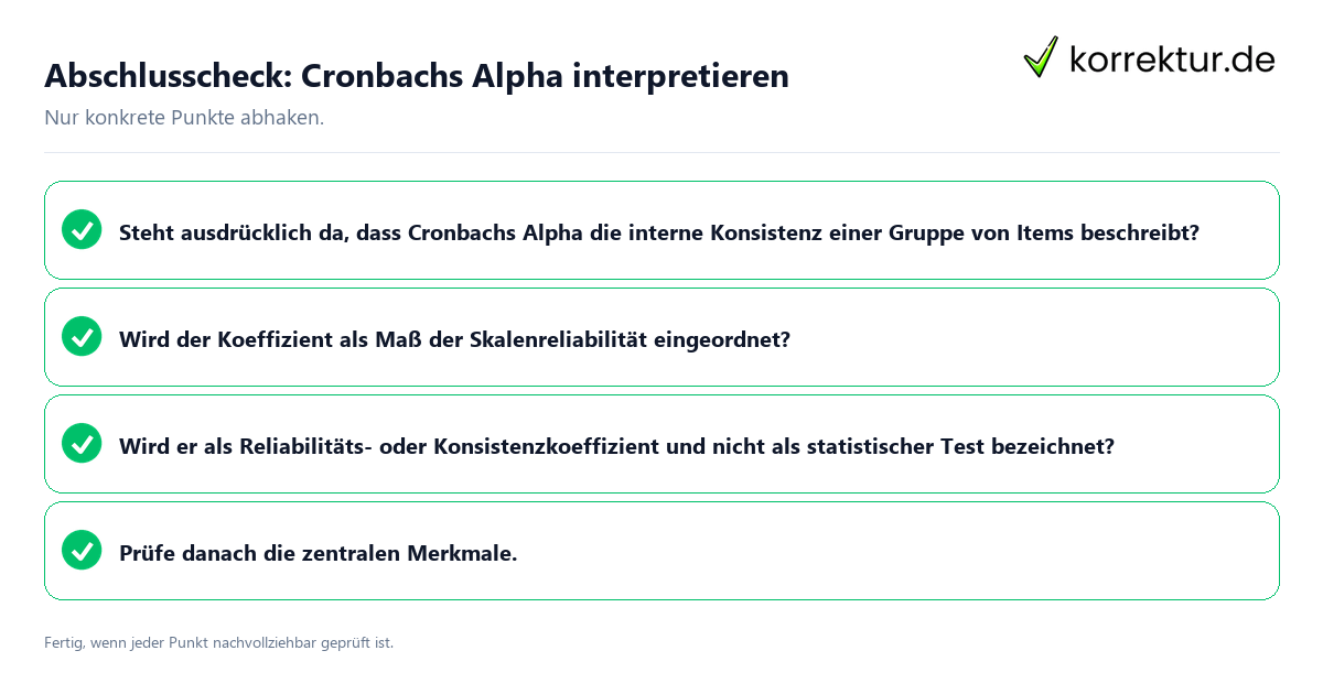 Abschlusscheck: Cronbachs Alpha interpretieren Konkreter Abschlusscheck zu Cronbachs Alpha interpretieren