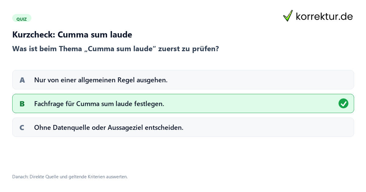 Cumma sum laude mit einem Kurzquiz zum sinnvollen nächsten Schritt