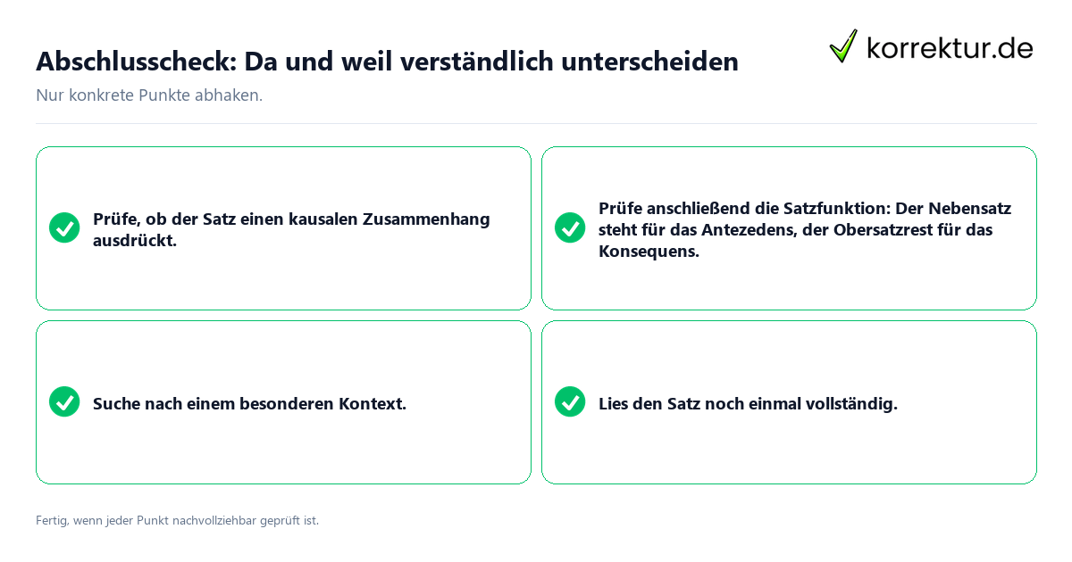 Konkreter Abschlusscheck zu Da und weil verständlich unterscheiden