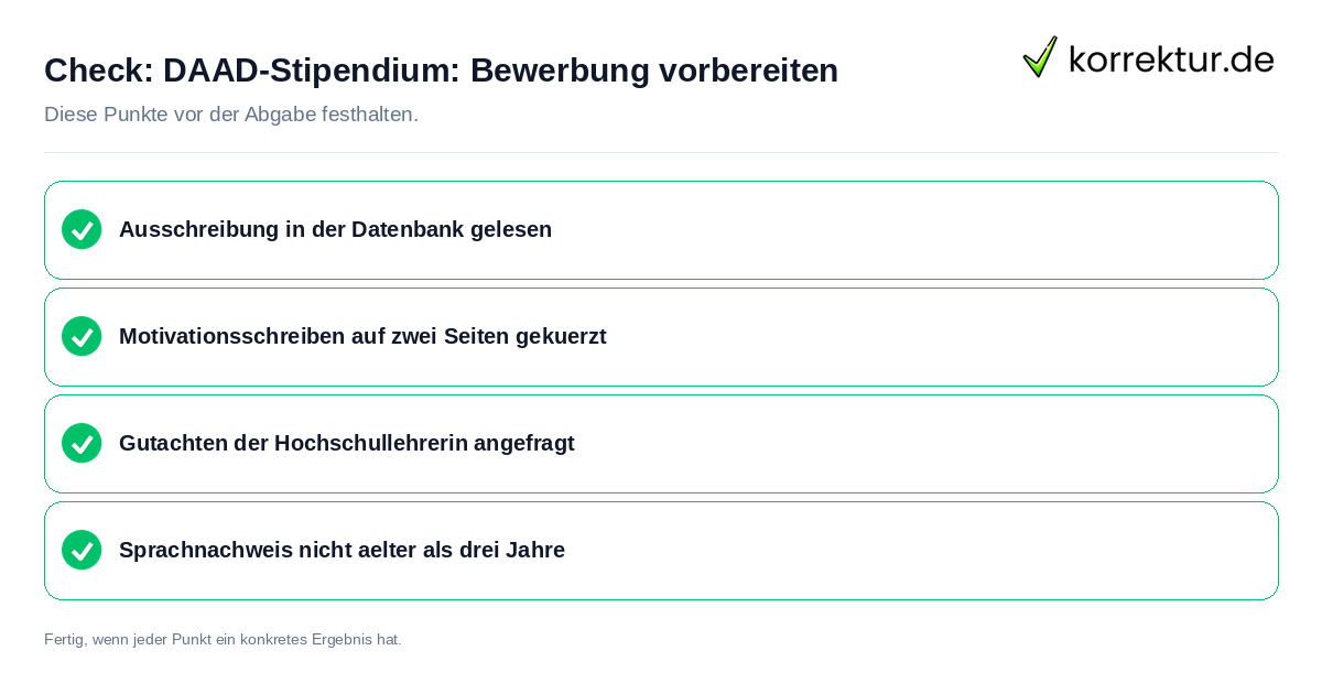 DAAD-Stipendium: Bewerbung vorbereiten: Prüfliste mit vier Punkten