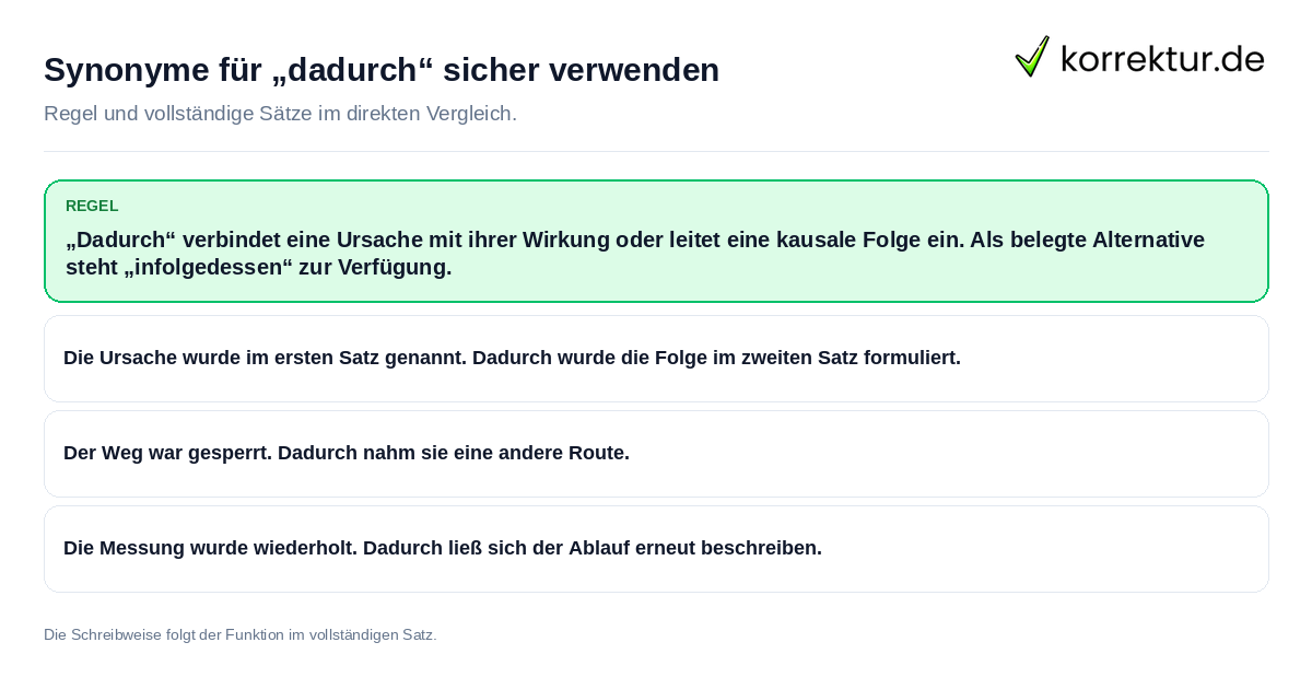 Konkrete Regel und vollständige Beispielsätze zu Synonyme für „dadurch“ sicher verwenden