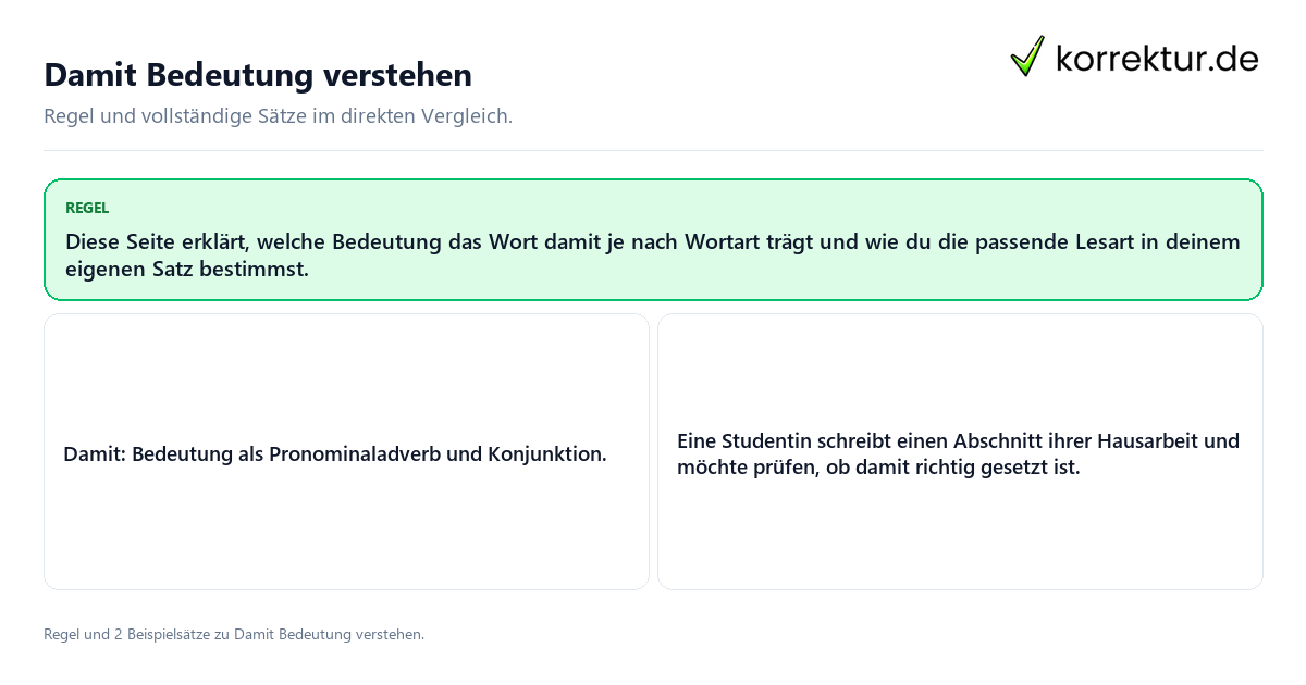 Konkrete Regel und vollständige Beispielsätze zu Damit Bedeutung verstehen