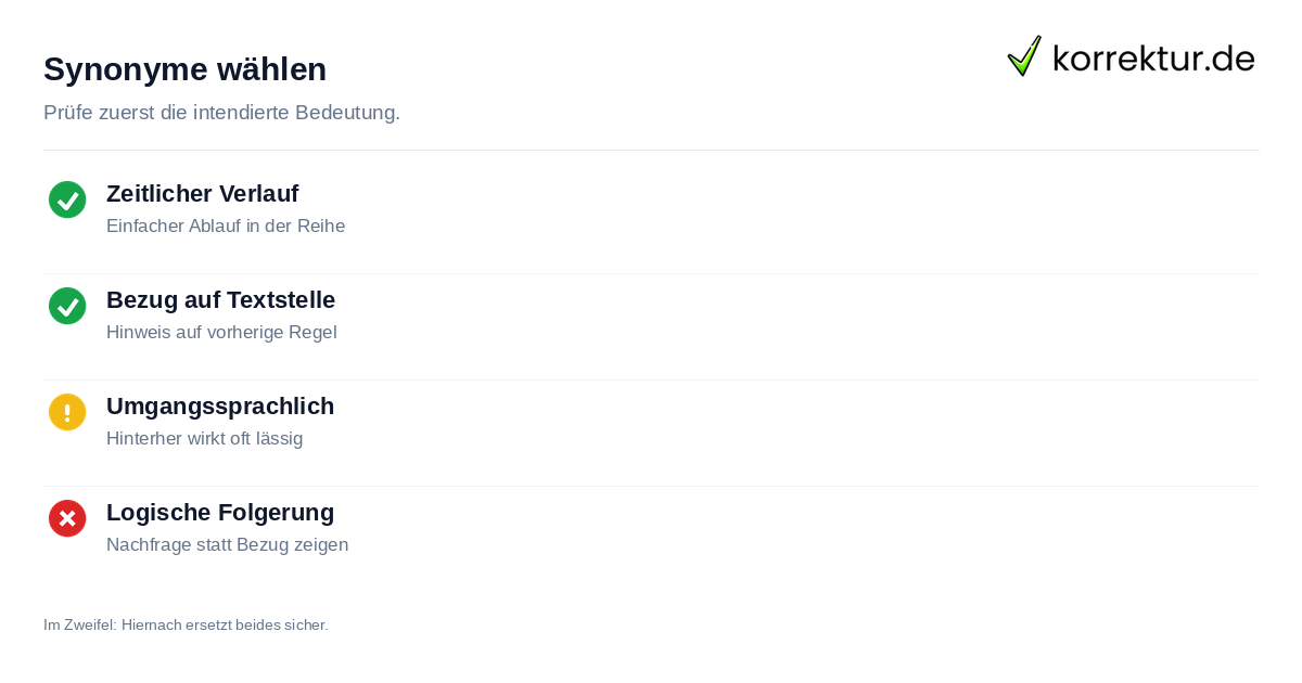 Synonyme wählen Checkliste Synonyme für Danach je nach Bedeutung