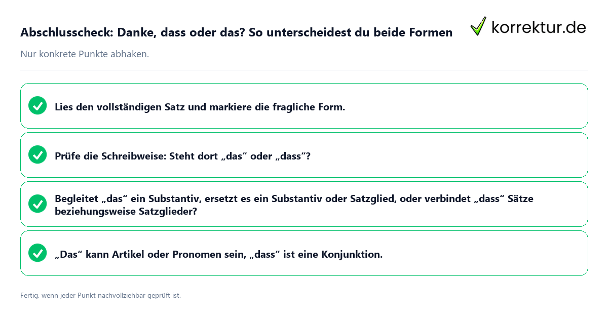 Konkreter Abschlusscheck zu Danke, dass oder das? So unterscheidest du beide Formen