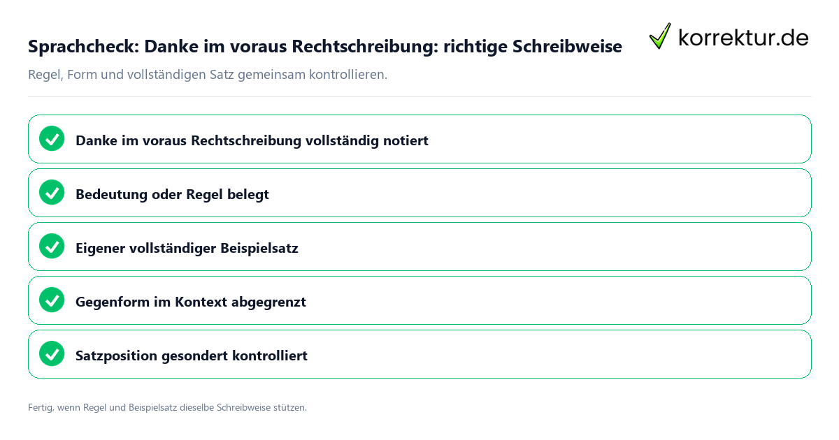 Konkreter Sprachcheck zu Danke im voraus Rechtschreibung: richtige Schreibweise mit Regel und vollständigem Beispielsatz