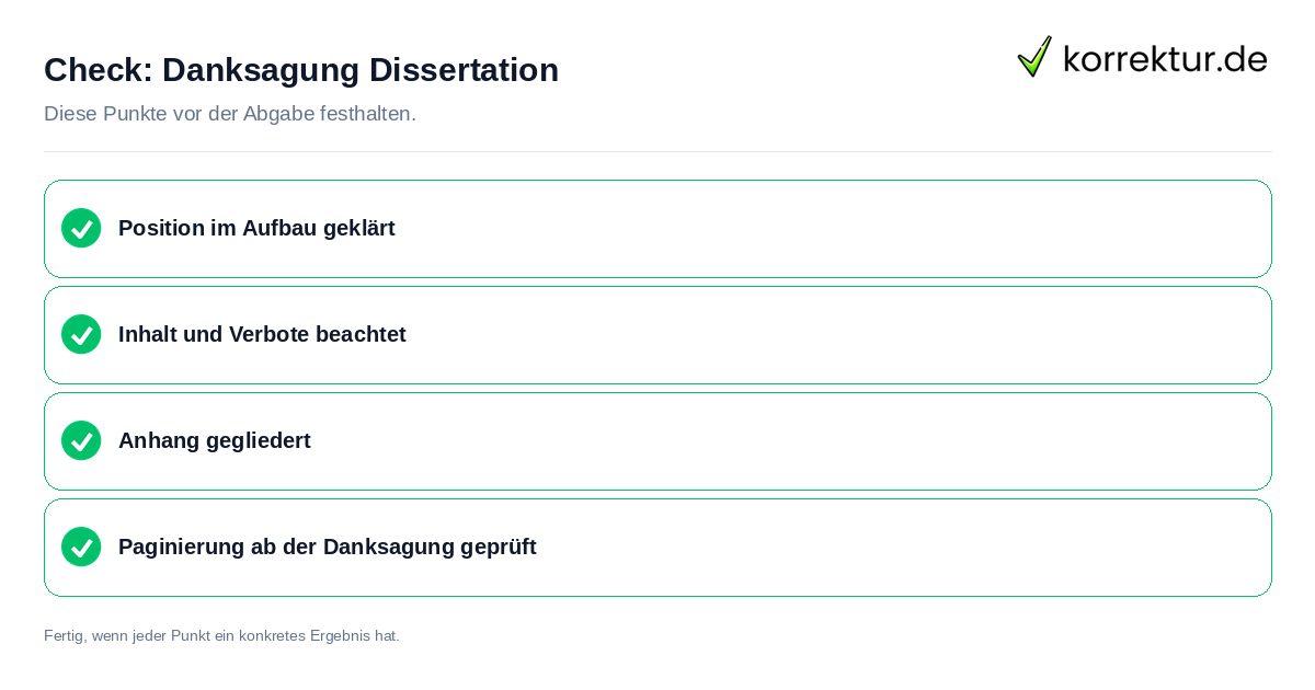 Danksagung Dissertation: Prüfliste mit vier Punkten