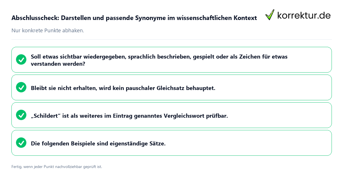 Abschlusscheck: Darstellen und passende Synonyme im wissenschaftlichen Kontext Konkreter Abschlusscheck zu Darstellen und passende Synonyme im wissenschaftlichen Kontext