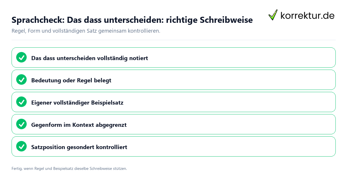 Konkreter Sprachcheck zu Das dass unterscheiden: richtige Schreibweise mit Regel und vollständigem Beispielsatz