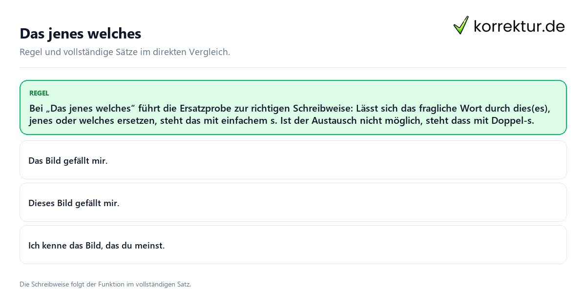 Konkrete Regel und vollständige Beispielsätze zu Das jenes welches