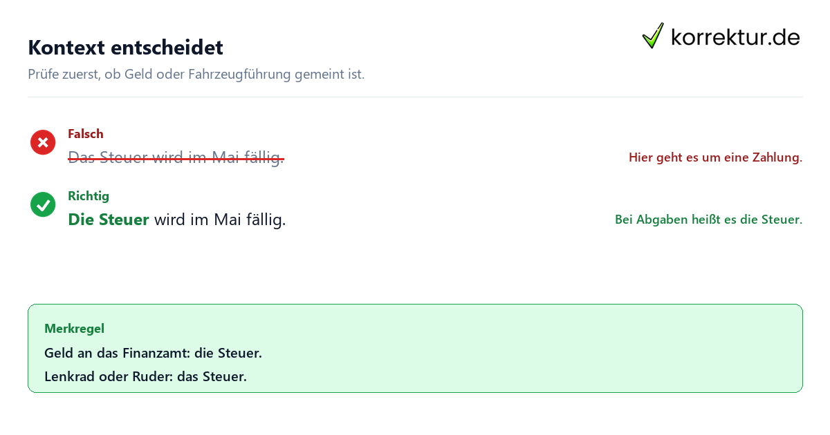 Kontext entscheidet Das oder die Steuer? Unterschied erklärt mit richtigem Artikel