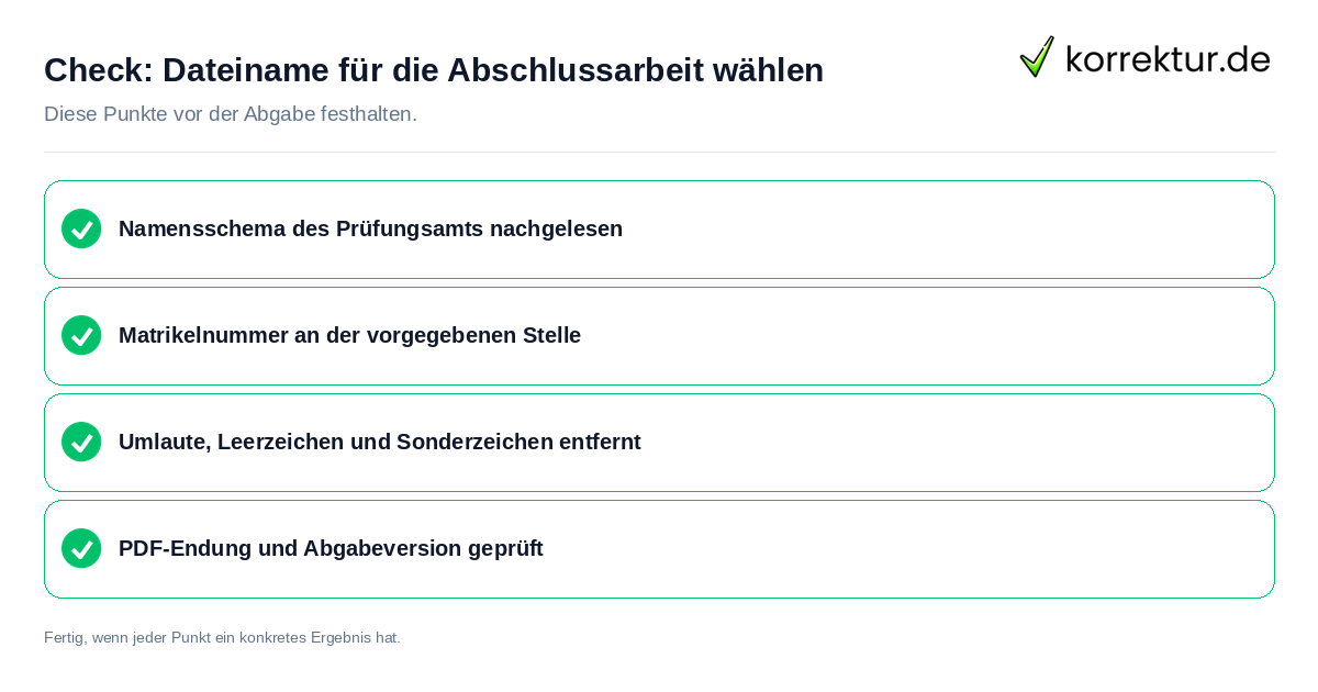 Dateiname für die Abschlussarbeit wählen: Prüfliste mit vier Punkten