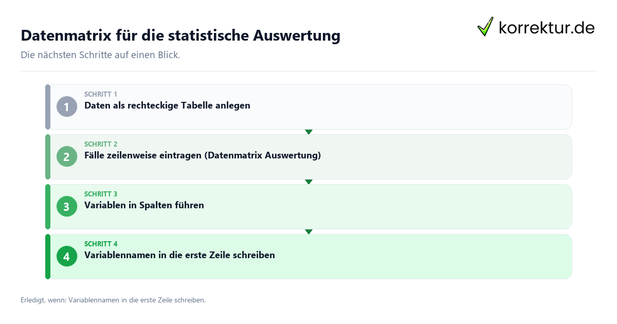 Datenmatrix für die statistische Auswertung Datenmatrix für die statistische Auswertung mit einem Ablauf aus Prüfung, Kontakt und Dokumentation