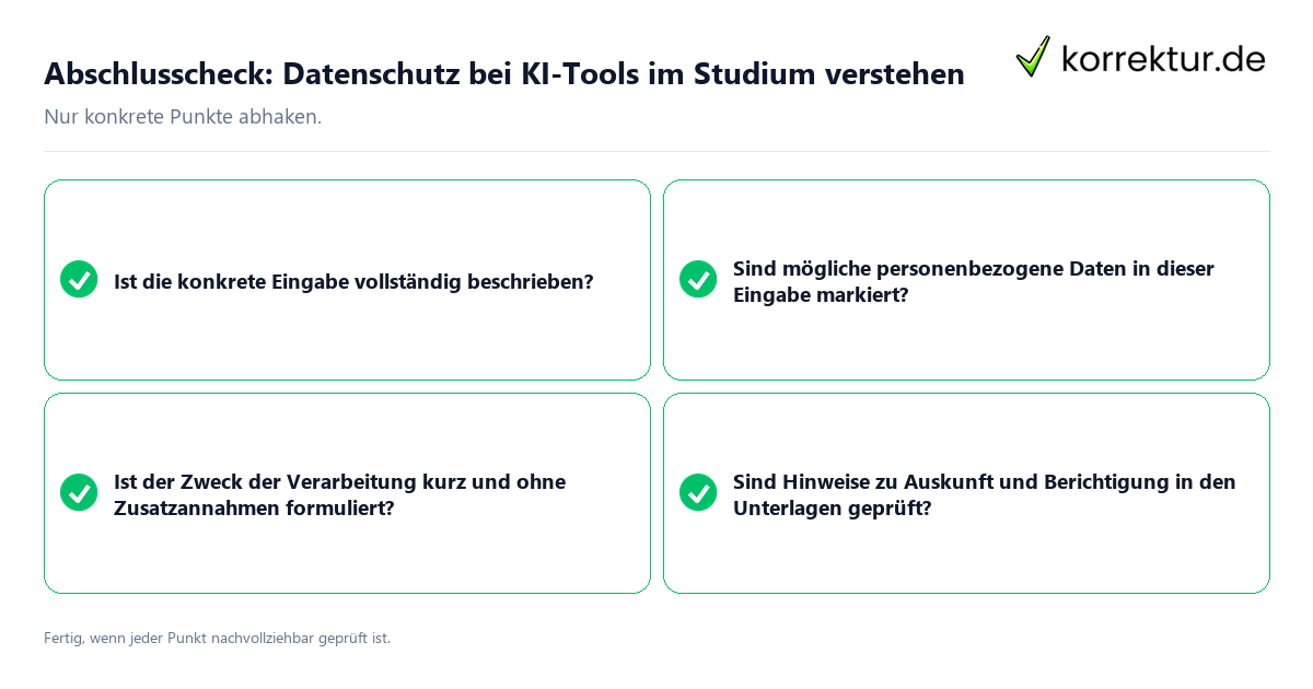 Konkreter Abschlusscheck zu Datenschutz bei KI-Tools im Studium verstehen