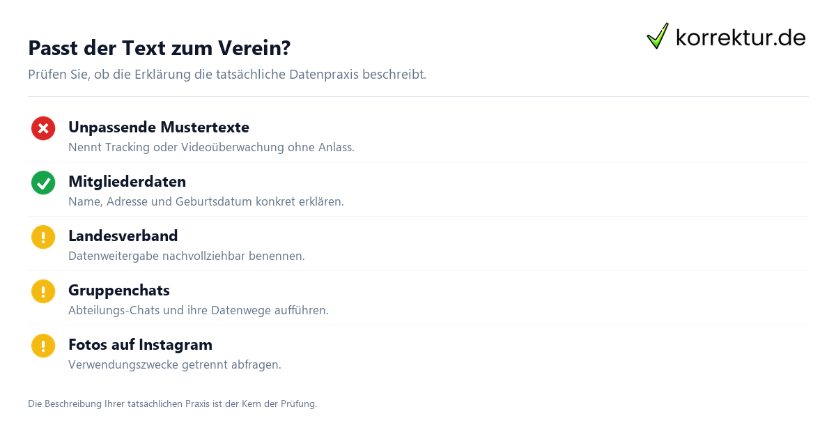 Passt der Text zum Verein? Datenschutzerklärung im Verein verständlich formulieren: typische Prüfstellen