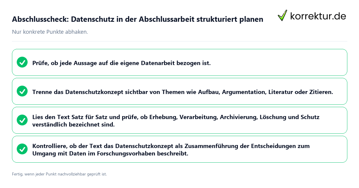 Konkreter Abschlusscheck zu Datenschutz in der Abschlussarbeit strukturiert planen