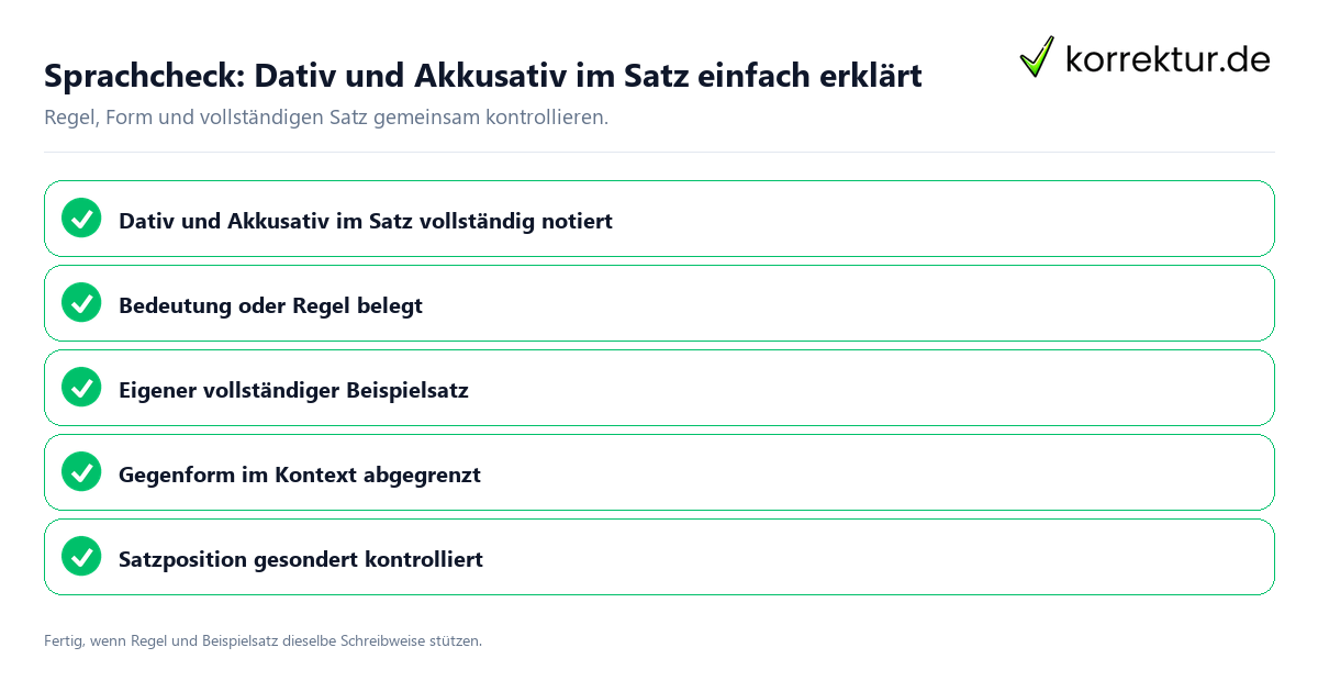 Konkreter Sprachcheck zu Dativ und Akkusativ im Satz einfach erklärt mit Regel und vollständigem Beispielsatz