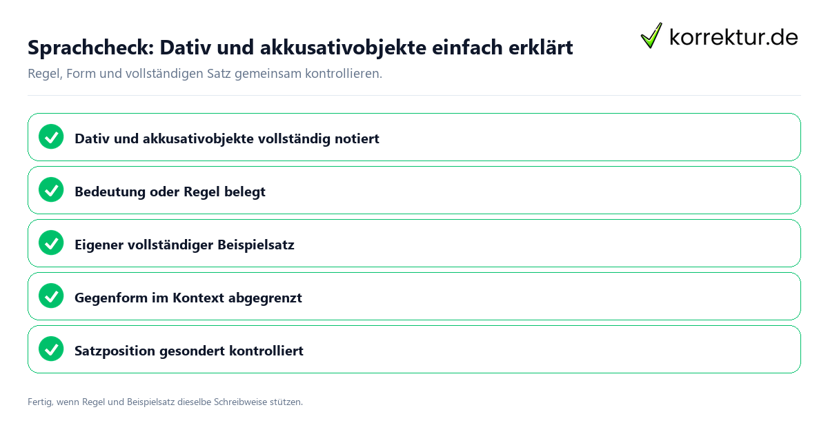 Konkreter Sprachcheck zu Dativ und akkusativobjekte einfach erklärt mit Regel und vollständigem Beispielsatz