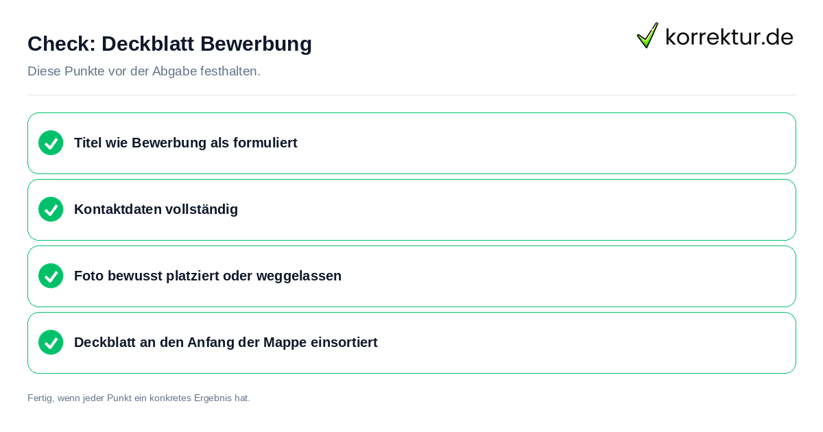 Deckblatt Bewerbung: Prüfliste mit vier Punkten