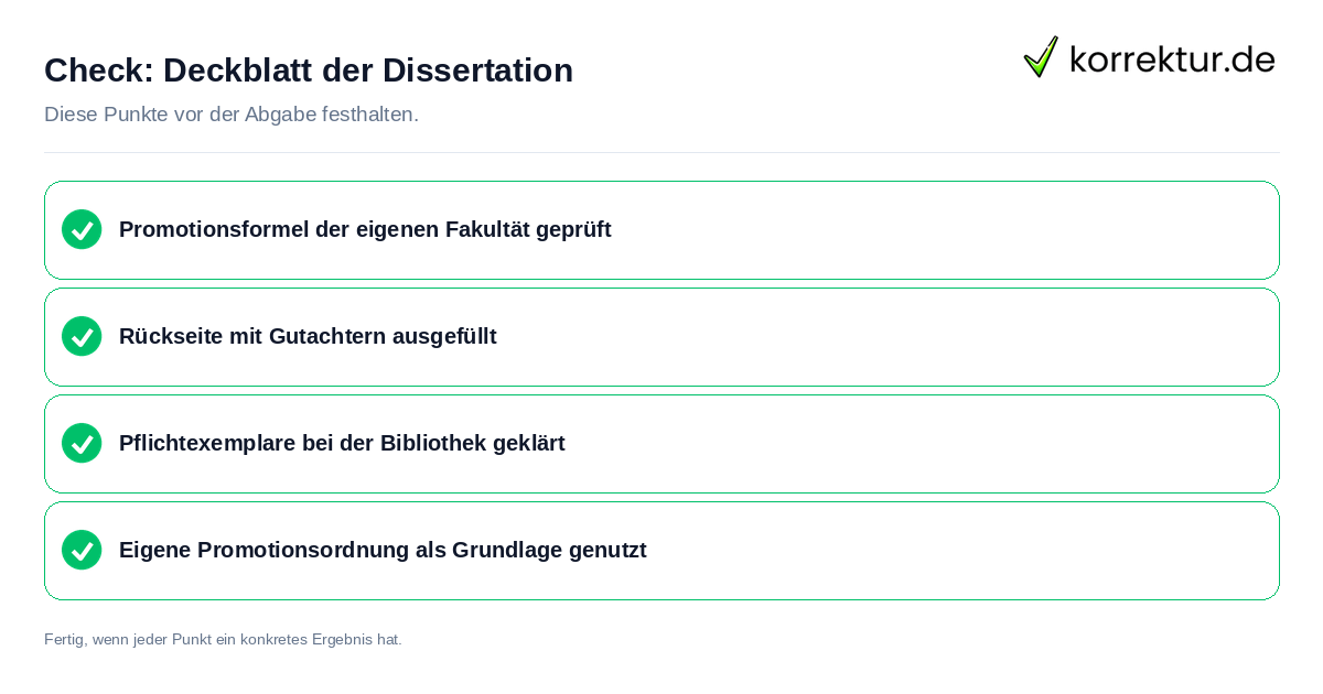 Check: Deckblatt der Dissertation Deckblatt der Dissertation: Prüfliste mit vier Punkten