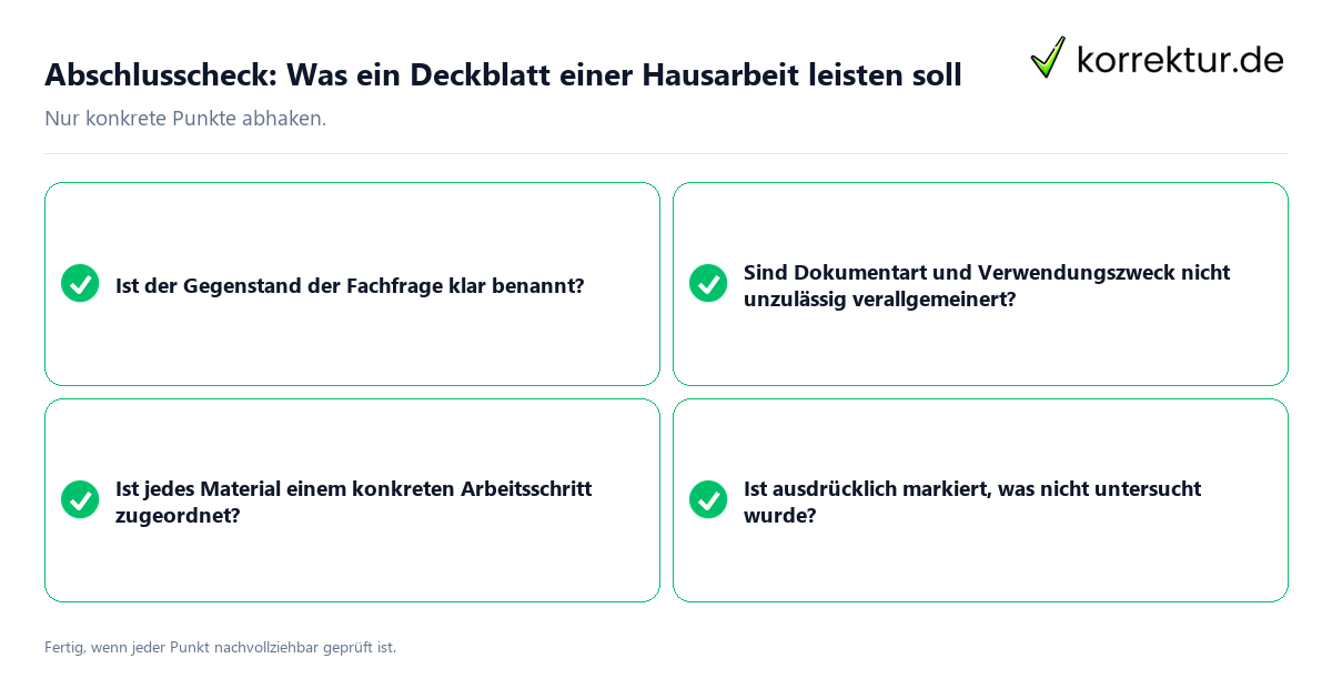 Konkreter Abschlusscheck zu Was ein Deckblatt einer Hausarbeit leisten soll