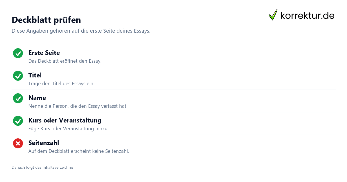 Deckblatt prüfen Das Deckblatt eines Essays verständlich erklärt: Angaben prüfen