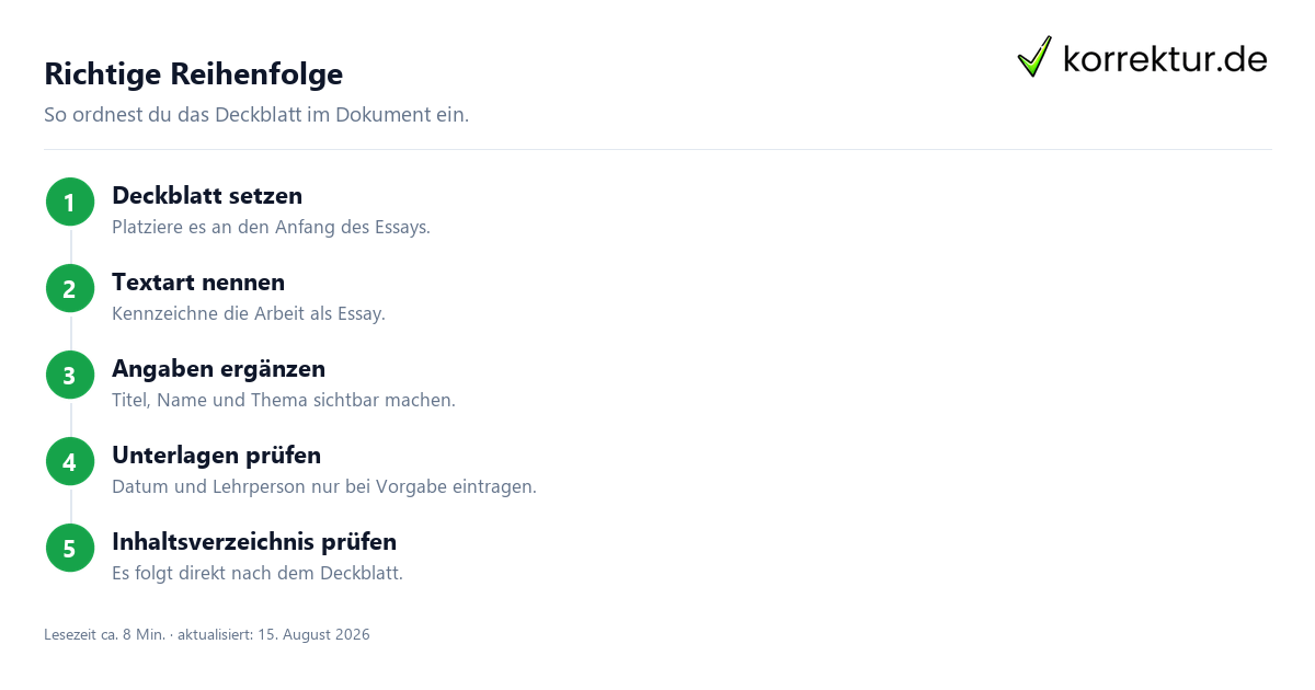 Richtige Reihenfolge Das Deckblatt eines Essays verständlich erklärt: Reihenfolge im Dokument