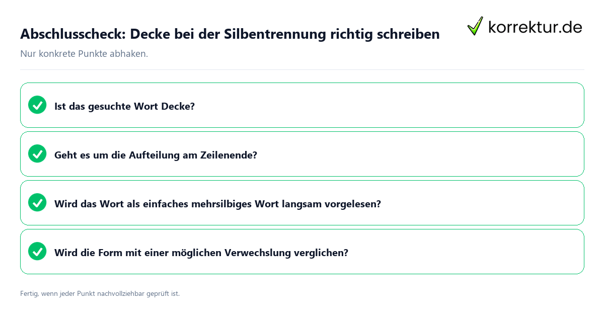 Konkreter Abschlusscheck zu Decke bei der Silbentrennung richtig schreiben