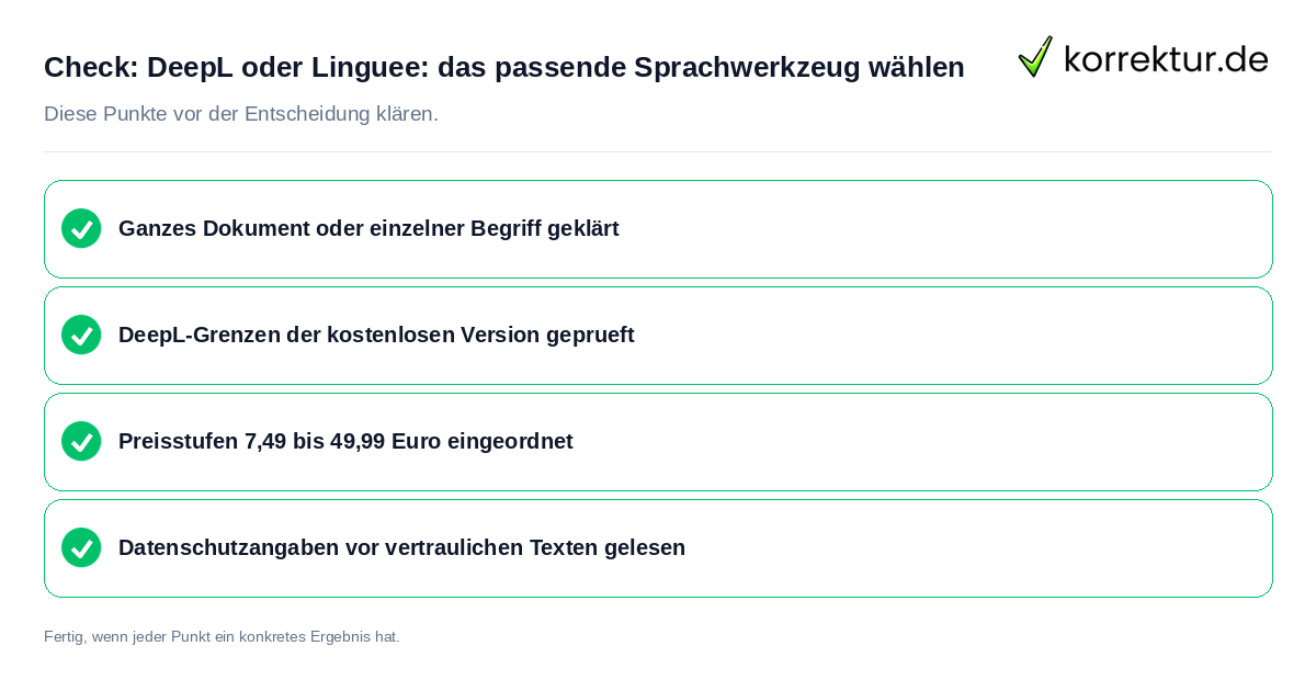 Check: DeepL oder Lingüe: das passende Sprachwerkzeug wählen DeepL oder Lingüe: das passende Sprachwerkzeug wählen: Prüfliste mit vier Punkten