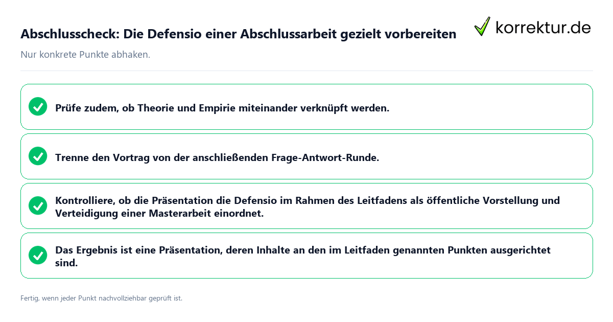 Konkreter Abschlusscheck zu Die Defensio einer Abschlussarbeit gezielt vorbereiten