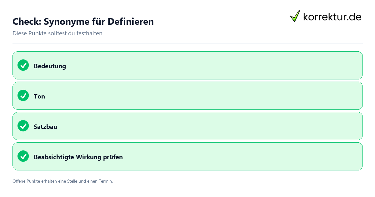 Synonyme für Definieren mit Checkliste für Unterlagen und nächste Schritte