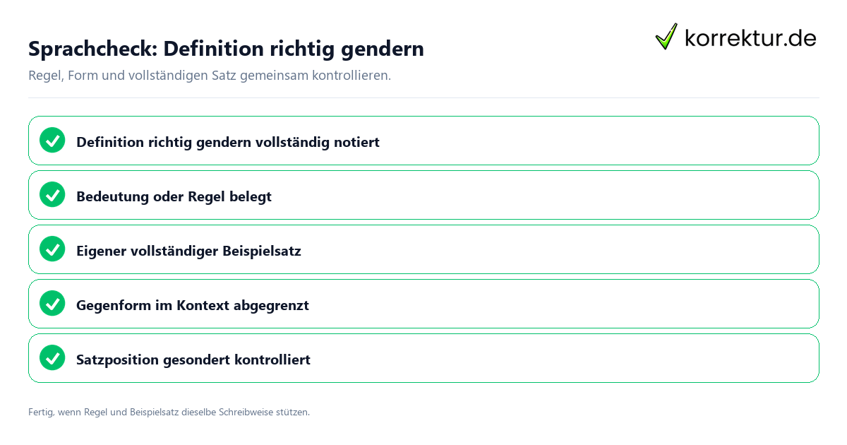 Sprachcheck: Definition richtig gendern Konkreter Sprachcheck zu Definition richtig gendern mit Regel und vollständigem Beispielsatz
