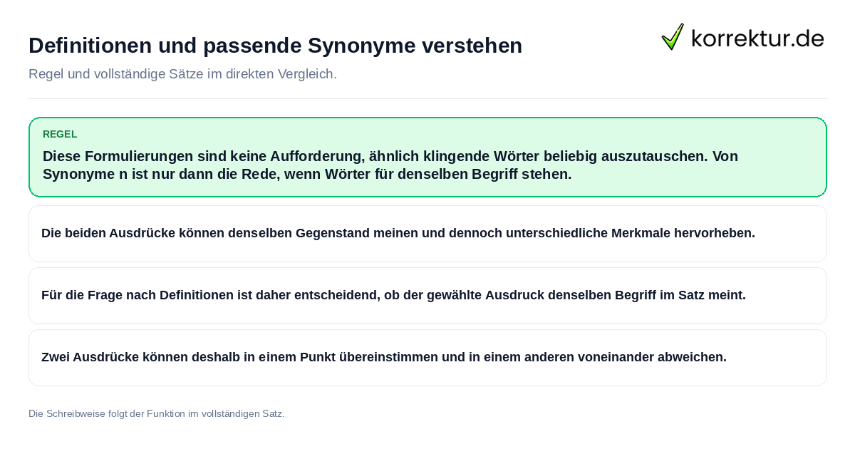 Konkrete Regel und vollständige Beispielsätze zu Definitionen und passende Synonyme verstehen