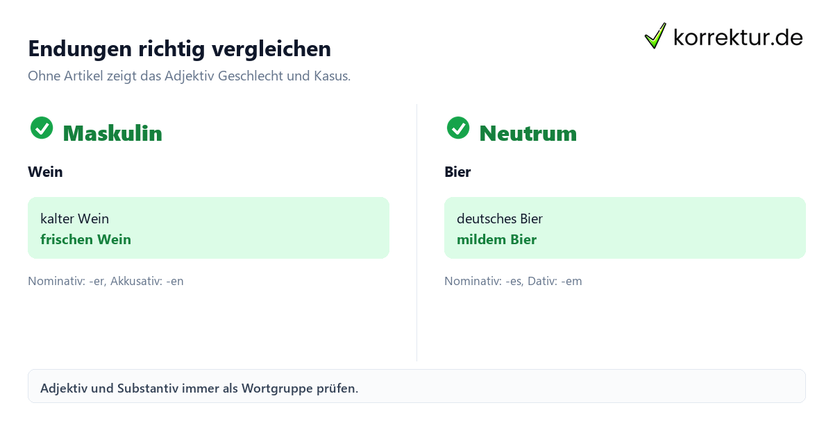 Endungen richtig vergleichen Adjektivdeklination ohne Artikel einfach erklärt mit Wein und Bier