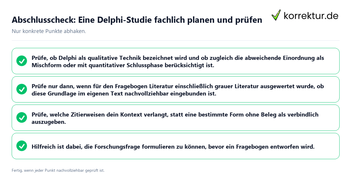 Konkreter Abschlusscheck zu Eine Delphi-Studie fachlich planen und prüfen