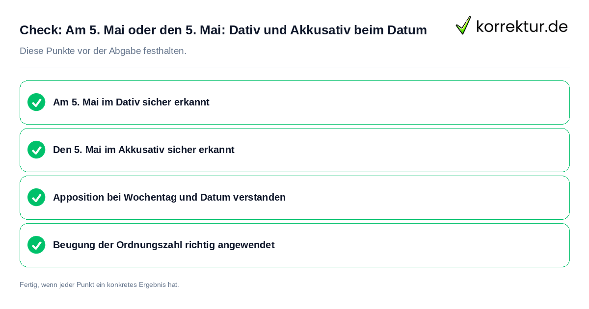 Am 5. Mai oder den 5. Mai: Dativ und Akkusativ beim Datum: Prüfliste mit vier Punkten