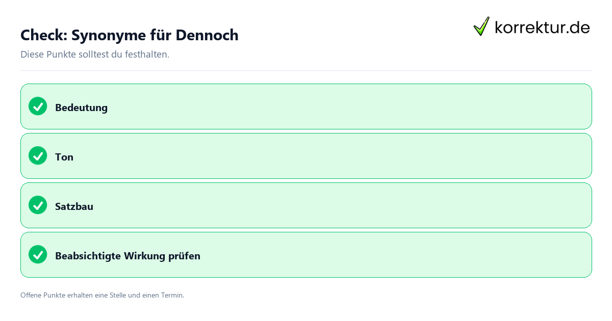 Synonyme für Dennoch mit Checkliste für Unterlagen und nächste Schritte